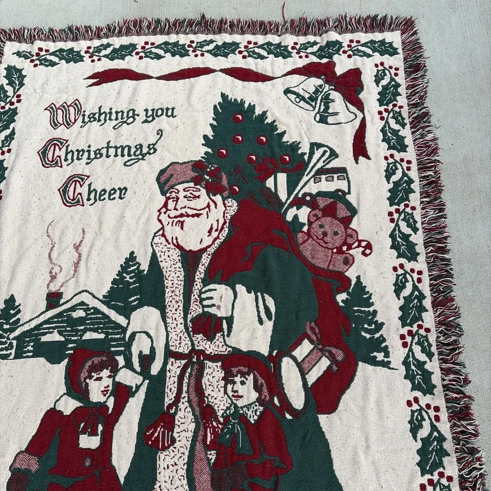 Vintage Christmas Throw Old World Santa Tapestry Fringe Blanket Decor 68x46
